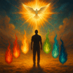 Illustration spirituelle représentant les sept esprits de Dieu sous forme de flammes autour d’une silhouette humaine remplie du Saint-Esprit.