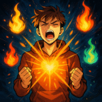 Illustration de style manga représentant un croyant rayonnant de lumière divine, symbole de la puissance spirituelle du Saint-Esprit.