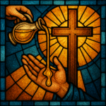 Vitrail médiéval représentant une onction d’huile chrétienne, symbole du Saint-Esprit et de la bénédiction divine.