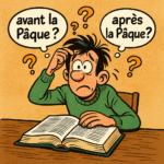 Illustration humoristique d’un homme lisant la Bible et se demandant si Jésus est mort avant ou après la Pâque.